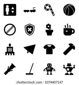 Solid vector icon set - elevator vector, baggage truck, lollipop, basketball ball, no limit road sign, shield cross, flower pot, hot tea, bank building, paper fly, t shirt, screw, dowel, rake, robot