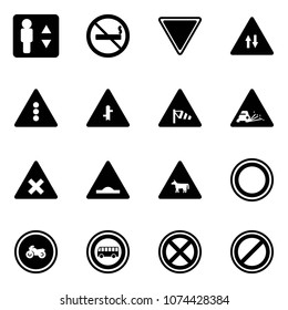 Solid vector icon set - elevator vector, no smoking sign, giving way road, oncoming traffic, light, intersection, side wind, gravel, railway, artificial unevenness, cow, prohibition, moto, bus, stop