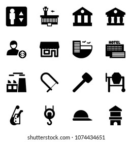 Solid vector icon set - elevator vector, airport building, bank, account, store, hotel, sea, plant, fretsaw, rubber hammer, cocncrete mixer, winch, construction helmet, toy block house