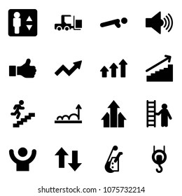 Solid vector icon set - elevator vector, fork loader, push ups, volume max, like, growth arrow, arrows up, career, opportunity, success, down, winch