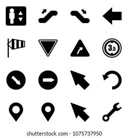 Solid vector icon set - elevator vector, escalator up, down, left arrow, side wind, giving way road sign, turn right, limited height, detour, only, cursor, undo, map pin, navigation, wrench