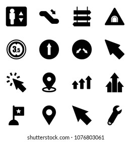 Solid vector icon set - elevator vector, escalator down, sign post, tunnel road, limited height, only forward, detour, cursor, map pin, arrows up, flag, navigation, wrench