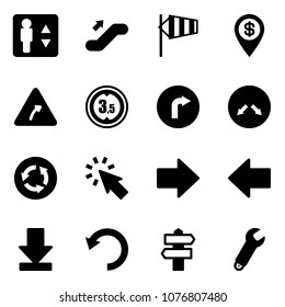 Solid vector icon set - elevator vector, escalator up, side wind, dollar pin, turn right road sign, limited height, only, detour, circle, cursor, arrow, left, download, undo, signpost, wrench