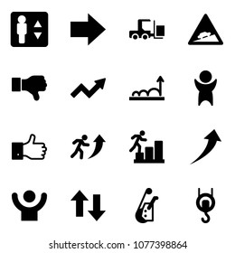 Solid vector icon set - elevator vector, right arrow, fork loader, climb road sign, dislike, growth, success, finger up, career, down arrows, winch
