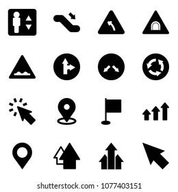 Solid vector icon set - elevator vector, escalator down, turn left road sign, tunnel, rough, only forward right, detour, circle, cursor, map pin, flag, arrows up, arrow