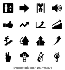 Solid vector icon set - elevator vector, right arrow, pull ups, volume max, like, growth, career, up, arrows, victory, cloud ladder, winch