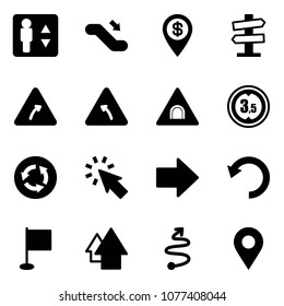 Solid vector icon set - elevator vector, escalator down, dollar pin, road signpost sign, turn right, left, tunnel, limited height, circle, cursor, arrow, undo, flag, up, trip, navigation