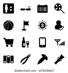 Solid vector icon set - elevator vector, baggage truck, schedule, lollipop, basketball ball, flag, dollar sun, user check, cart, wine, mobile phone, fine signal, battery, pliers, screw, dowel
