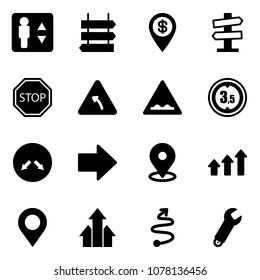 Solid vector icon set - elevator vector, sign post, dollar pin, road signpost, stop, turn left, rough, limited height, detour, right arrow, map, arrows up, trip, wrench