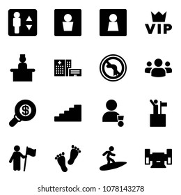 Solid vector icon set - elevator vector, male wc, female, vip, recieptionist, hospital building, no left turn road sign, group, search money, stairs, winner, win, feet, surfing, sharpening