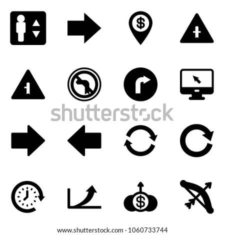 Solid vector icon set - elevator vector, right arrow, dollar pin, intersection road sign, no left turn, only, monitor cursor, refresh, reload, clock around, growth, bow