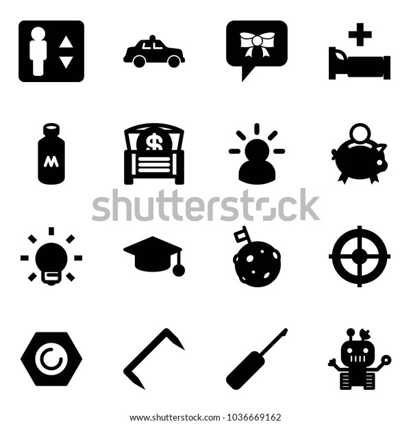 Solid\
vector icon set - elevator vector, safety car, bow message,\
hospital bed, milk, money chest, idea, piggy bank, bulb, graduate\
hat, moon flag, target, nut, staple, awl,\
robot