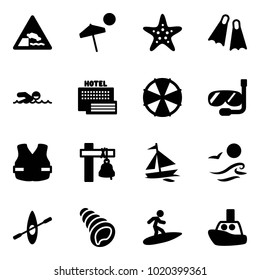 Solid vector icon set - embankment vector road sign, beach, starfish, flippers, swimming, sea hotel, parasol, diving, life vest, ship bell, sail boat, waves, kayak, shell, surfing, toy