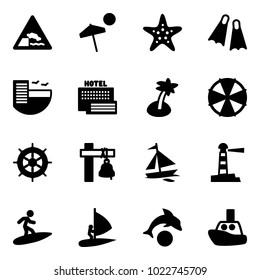 Solid vector icon set - embankment vector road sign, beach, starfish, flippers, hotel, sea, palm, parasol, hand wheel, ship bell, sail boat, lighthouse, surfing, windsurfing, dolphin, toy