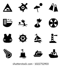 Solid vector icon set - embankment vector road sign, sea turtle, beach, flippers, hotel, palm, parasol, life vest, hand wheel, sail boat, lighthouse, shell, sand castle, cruiser, toy