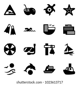 Solid vector icon set - embankment vector road sign, coconut cocktail, sea turtle, starfish, flippers, swimming, hotel, parasol, diving, ship bell, sail boat, waves, dolphin, cruiser, toy