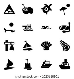 Solid vector icon set - embankment vector road sign, coconut cocktail, sea turtle, beach, lounger, pool, swimming, diving, ship bell, sail boat, shell, windsurfing, sand castle, cruiser, toy