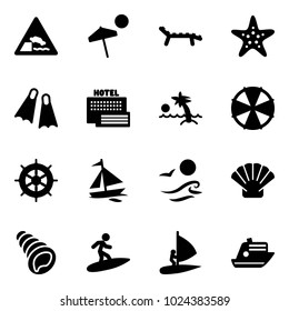 Solid vector icon set - embankment vector road sign, beach, lounger, starfish, flippers, sea hotel, palm, parasol, hand wheel, sail boat, waves, shell, surfing, windsurfing, cruiser
