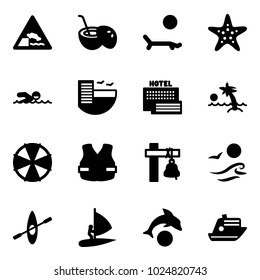 Solid vector icon set - embankment vector road sign, coconut cocktail, lounger, starfish, swimming, hotel, sea, palm, parasol, life vest, ship bell, waves, kayak, windsurfing, dolphin, cruiser