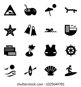 Solid vector icon set - embankment vector road sign, coconut cocktail, beach, lounger, starfish, flippers, swimming, hotel, sea, palm, life vest, hand wheel, waves, kayak, shell, surfing