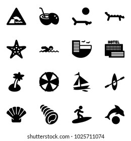 Solid vector icon set - embankment vector road sign, coconut cocktail, lounger, starfish, swimming, hotel, sea, palm, parasol, sail boat, kayak, shell, surfing, dolphin