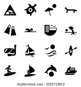 Solid vector icon set - embankment vector road sign, sea turtle, beach, lounger, flippers, swimming, hotel, palm, diving, sail boat, waves, kayak, surfing, windsurfing, dolphin, cruiser