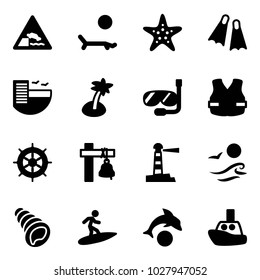 Solid vector icon set - embankment vector road sign, lounger, starfish, flippers, hotel, palm, diving, life vest, hand wheel, ship bell, lighthouse, waves, shell, surfing, dolphin, toy boat
