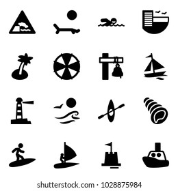 Solid vector icon set - embankment vector road sign, lounger, swimming, hotel, palm, parasol, ship bell, sail boat, lighthouse, waves, kayak, shell, surfing, windsurfing, sand castle, toy