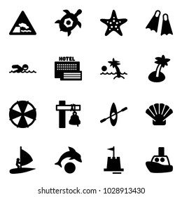 Solid vector icon set - embankment vector road sign, sea turtle, starfish, flippers, swimming, hotel, palm, parasol, ship bell, kayak, shell, windsurfing, dolphin, sand castle, toy boat