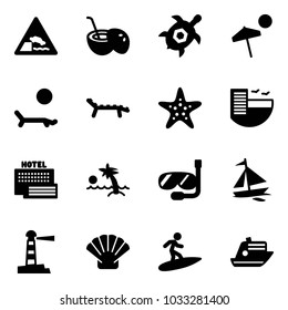 Solid vector icon set - embankment vector road sign, coconut cocktail, sea turtle, beach, lounger, starfish, hotel, palm, diving, sail boat, lighthouse, shell, surfing, cruiser