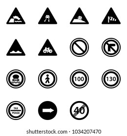 Solid vector icon set - embankment vector road sign, slippery, steep roadside, side wind, rough, for moto, prohibition, no dangerous cargo, pedestrian, speed limit 100, 130, tax peage, only right