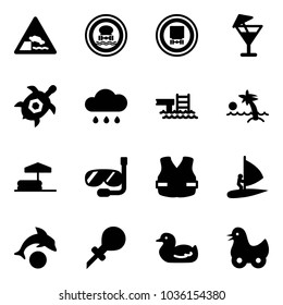 Solid vector icon set - embankment vector road sign, no dangerous cargo, drink, sea turtle, rain cloud, pool, palm, inflatable, diving, life vest, windsurfing, dolphin, oiler, toy duck
