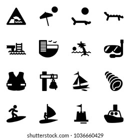 Solid vector icon set - embankment vector road sign, beach, lounger, pool, hotel, palm, diving, life vest, ship bell, sail boat, shell, surfing, windsurfing, sand castle, toy