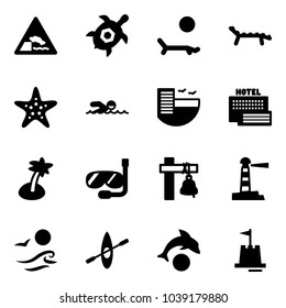 Solid vector icon set - embankment vector road sign, sea turtle, lounger, starfish, swimming, hotel, palm, diving, ship bell, lighthouse, waves, kayak, dolphin, sand castle