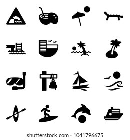 Solid vector icon set - embankment vector road sign, coconut cocktail, beach, lounger, pool, hotel, palm, diving, ship bell, sail boat, waves, kayak, surfing, dolphin, cruiser