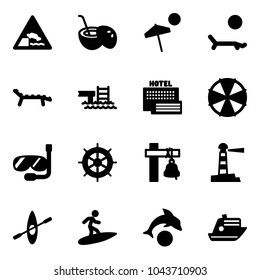 Solid vector icon set - embankment vector road sign, coconut cocktail, beach, lounger, pool, sea hotel, parasol, diving, hand wheel, ship bell, lighthouse, kayak, surfing, dolphin, cruiser