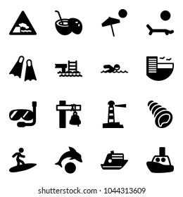 Solid vector icon set - embankment vector road sign, coconut cocktail, beach, lounger, flippers, pool, swimming, hotel, diving, ship bell, lighthouse, shell, surfing, dolphin, cruiser, toy boat