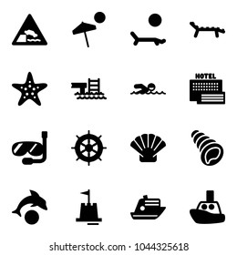 Solid vector icon set - embankment vector road sign, beach, lounger, starfish, pool, swimming, sea hotel, diving, hand wheel, shell, dolphin, sand castle, cruiser, toy boat