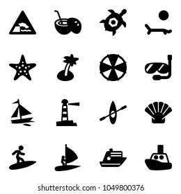 Solid vector icon set - embankment vector road sign, coconut cocktail, sea turtle, lounger, starfish, palm, parasol, diving, sail boat, lighthouse, kayak, shell, surfing, windsurfing, cruiser, toy