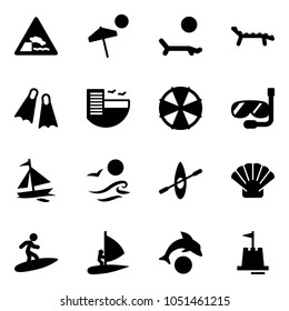 Solid vector icon set - embankment vector road sign, beach, lounger, flippers, hotel, parasol, diving, sail boat, waves, kayak, shell, surfing, windsurfing, dolphin, sand castle