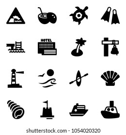 Solid vector icon set - embankment vector road sign, coconut cocktail, sea turtle, flippers, pool, hotel, palm, ship bell, lighthouse, waves, kayak, shell, sand castle, cruiser, toy boat