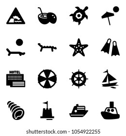 Solid vector icon set - embankment vector road sign, coconut cocktail, sea turtle, beach, lounger, starfish, flippers, hotel, parasol, hand wheel, sail boat, shell, sand castle, cruiser, toy