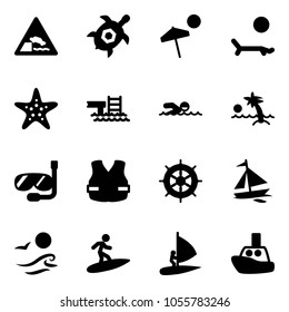 Solid vector icon set - embankment vector road sign, sea turtle, beach, lounger, starfish, pool, swimming, palm, diving, life vest, hand wheel, sail boat, waves, surfing, windsurfing, toy