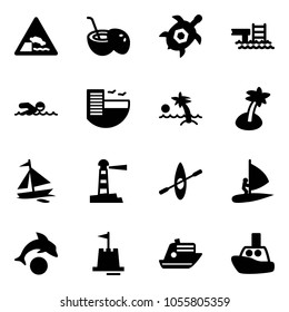 Solid vector icon set - embankment vector road sign, coconut cocktail, sea turtle, pool, swimming, hotel, palm, sail boat, lighthouse, kayak, windsurfing, dolphin, sand castle, cruiser, toy