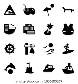 Solid vector icon set - embankment vector road sign, coconut cocktail, beach, lounger, hotel, sea, palm, life vest, hand wheel, ship bell, waves, surfing, dolphin, sand castle, cruiser, toy boat