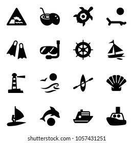 Solid vector icon set - embankment vector road sign, coconut cocktail, sea turtle, lounger, flippers, diving, hand wheel, sail boat, lighthouse, waves, kayak, shell, windsurfing, dolphin, cruiser