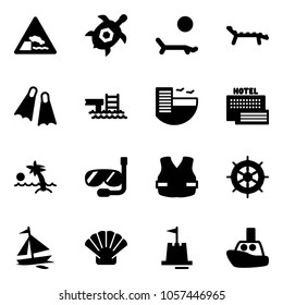 Solid vector icon set - embankment vector road sign, sea turtle, lounger, flippers, pool, hotel, palm, diving, life vest, hand wheel, sail boat, shell, sand castle, toy