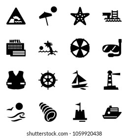Solid vector icon set - embankment vector road sign, beach, starfish, pool, sea hotel, palm, parasol, diving, life vest, hand wheel, sail boat, lighthouse, waves, shell, sand castle, cruiser