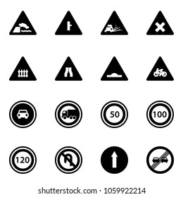 Solid vector icon set - embankment vector road sign, intersection, gravel, railway, narrows, artificial unevenness, for moto, no car, truck, speed limit 50, 100, 120, turn back, only forward