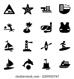 Solid vector icon set - embankment vector road sign, starfish, pool, hotel, palm, diving, life vest, sail boat, lighthouse, kayak, surfing, windsurfing, dolphin, sand castle, cruiser